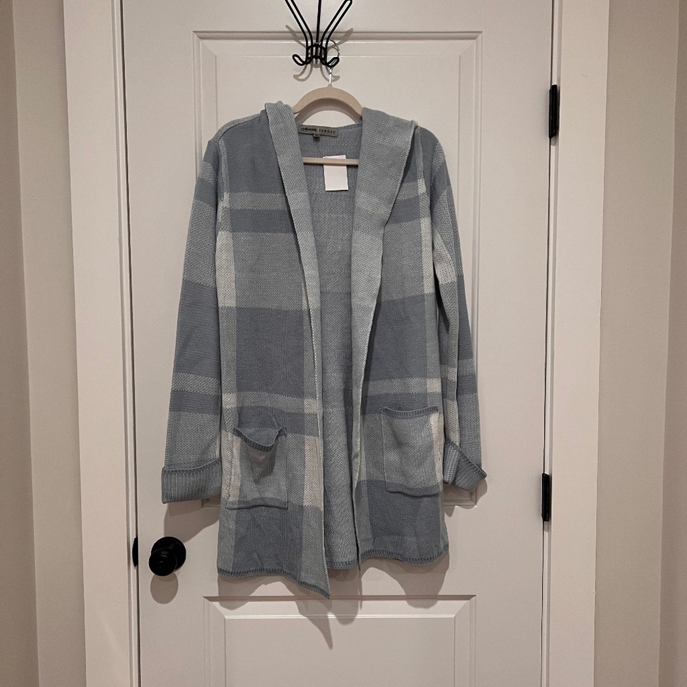 Blue and white hooded cardigan
